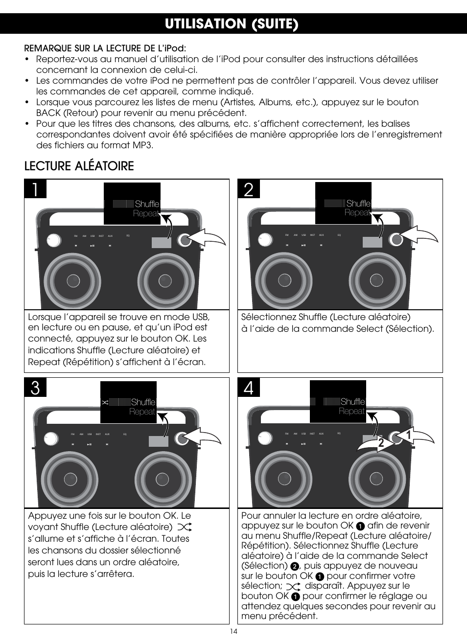 Utilisation (suite), Lecture aléatoire | TDK TP6802 2-Speaker Boombox User Manual | Page 66 / 78