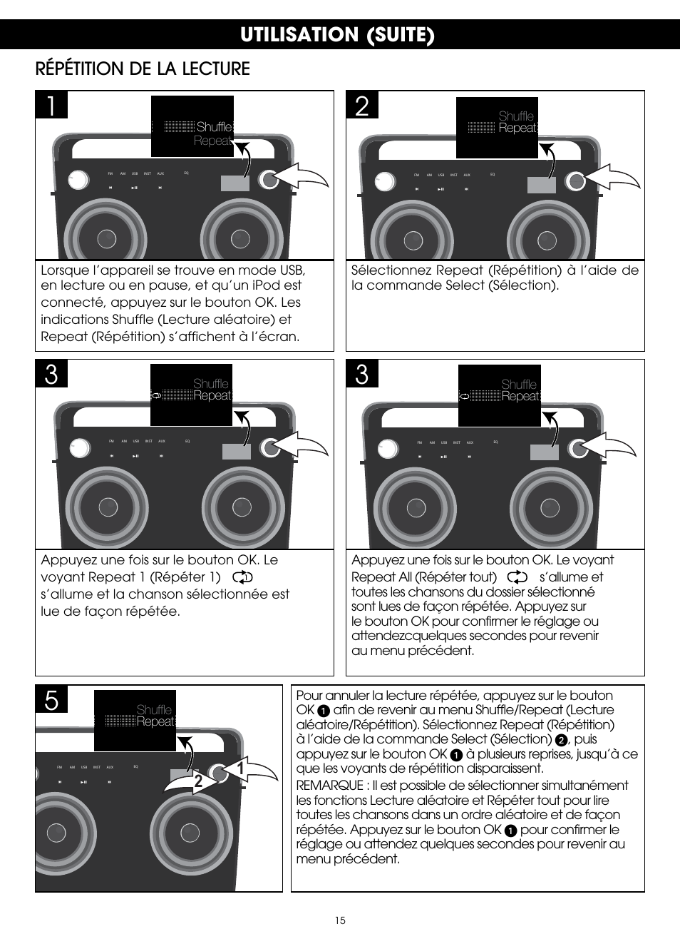 Utilisation (suite), Répétition de la lecture | TDK TP6802 2-Speaker Boombox User Manual | Page 67 / 78