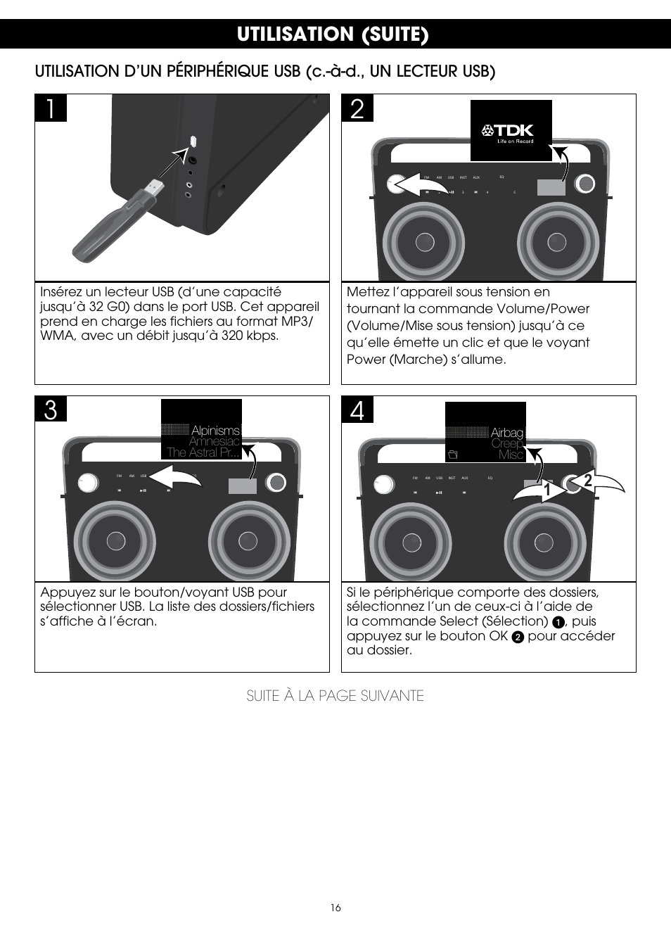 Utilisation (suite), Suite à la page suivante | TDK TP6802 2-Speaker Boombox User Manual | Page 68 / 78