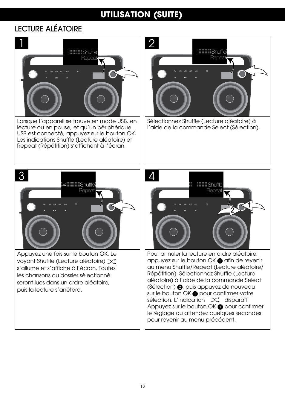 Utilisation (suite), Lecture aléatoire | TDK TP6802 2-Speaker Boombox User Manual | Page 70 / 78