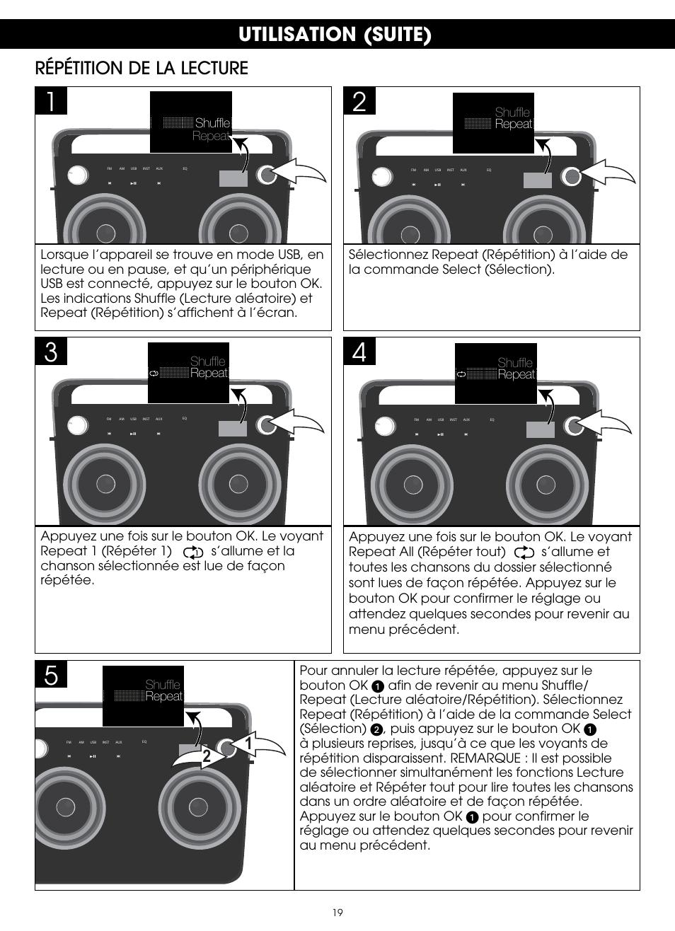 Utilisation (suite), Répétition de la lecture | TDK TP6802 2-Speaker Boombox User Manual | Page 71 / 78