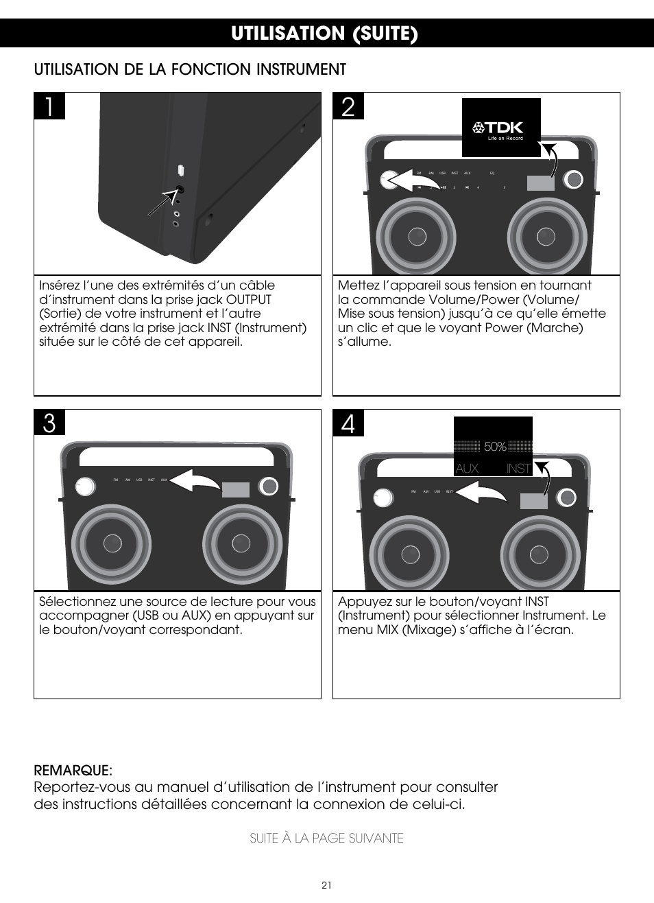 Utilisation (suite), Utilisation de la fonction instrument | TDK TP6802 2-Speaker Boombox User Manual | Page 73 / 78