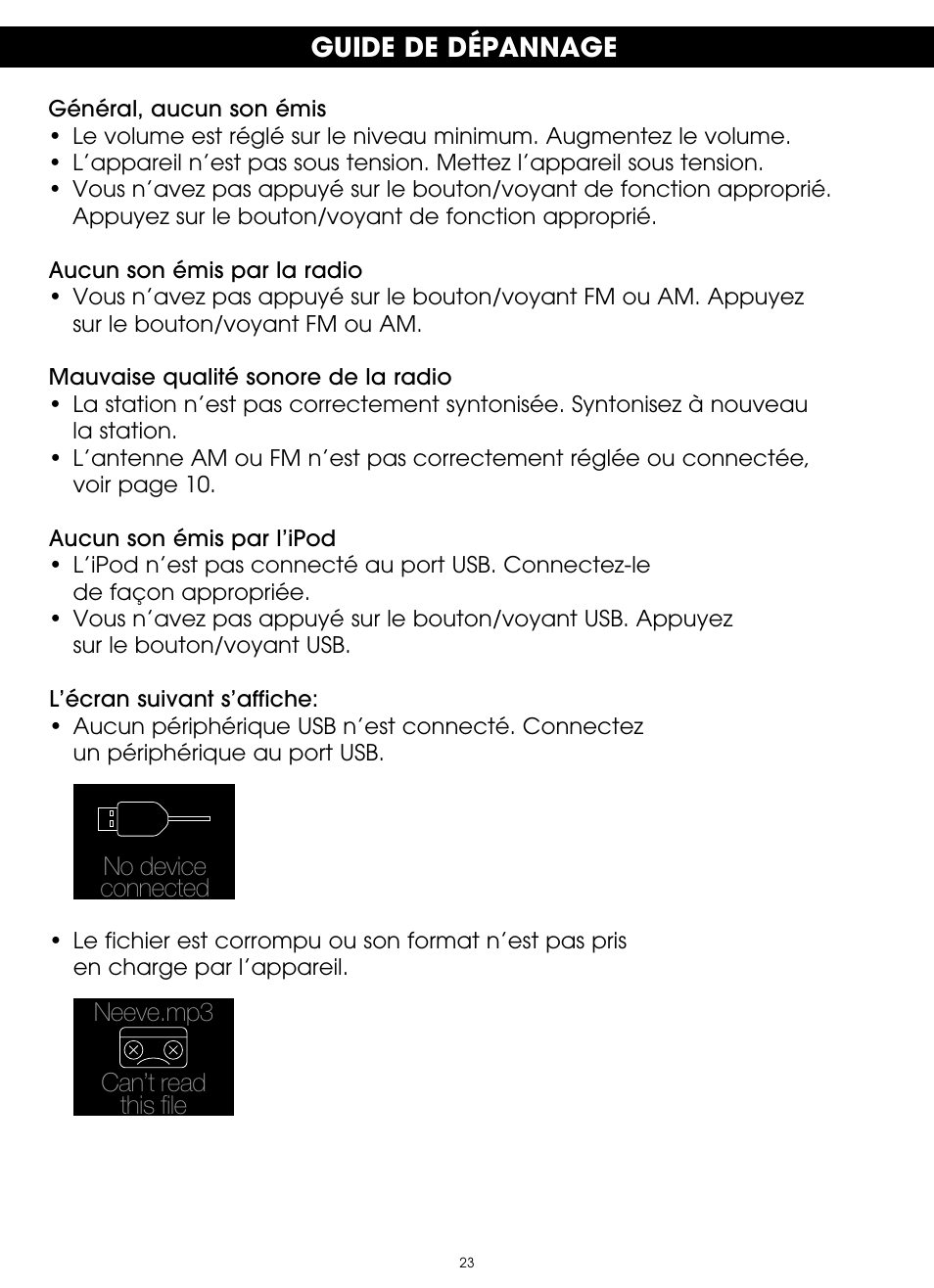 Guide de dépannage | TDK TP6802 2-Speaker Boombox User Manual | Page 75 / 78