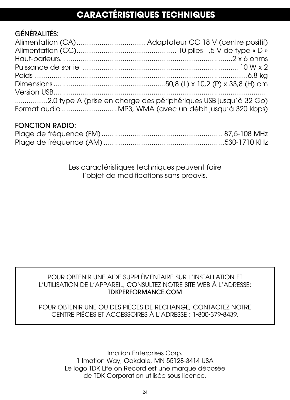 Caractéristiques techniques | TDK TP6802 2-Speaker Boombox User Manual | Page 76 / 78