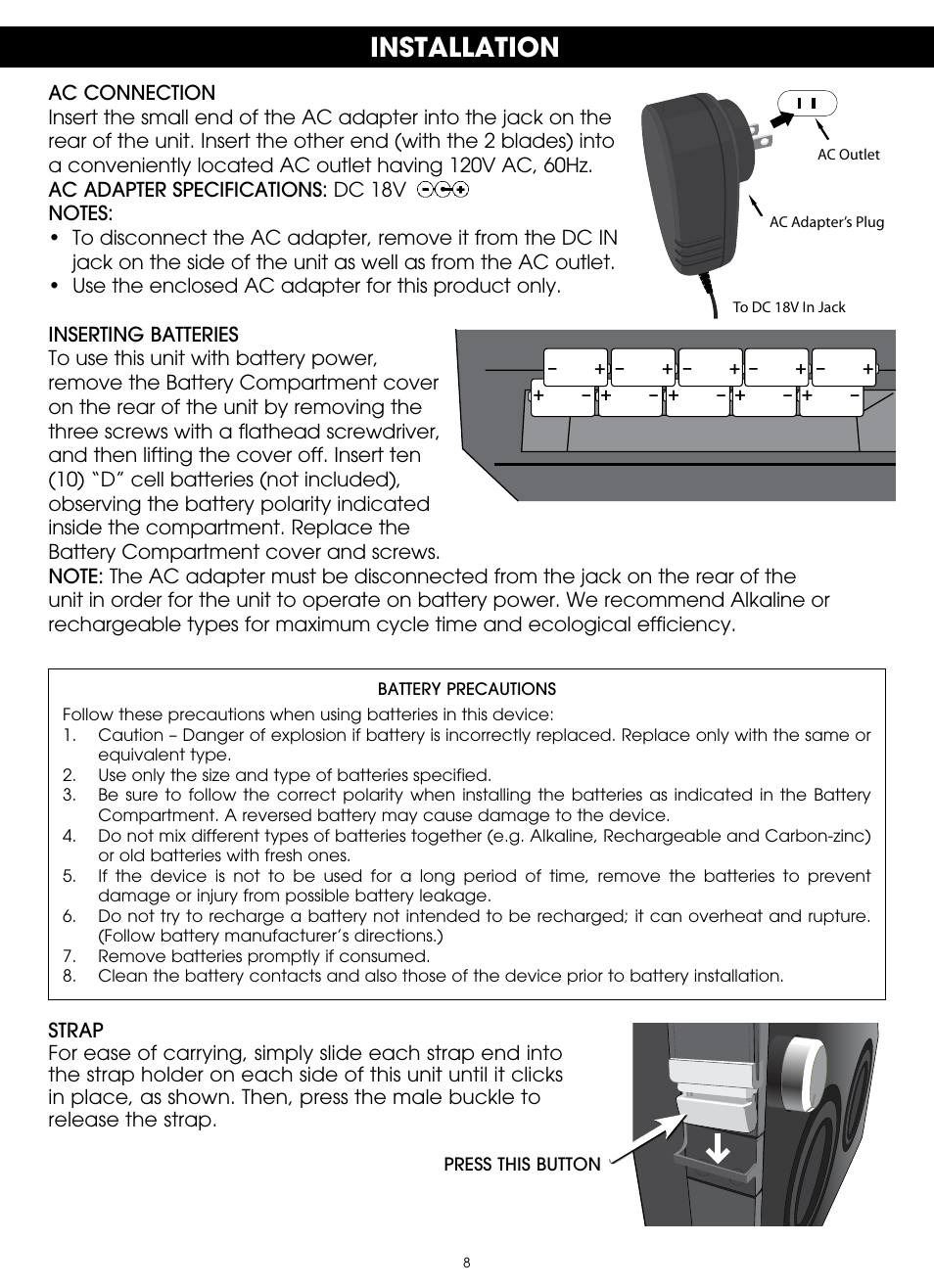 Installation | TDK TP6802 2-Speaker Boombox User Manual | Page 8 / 78
