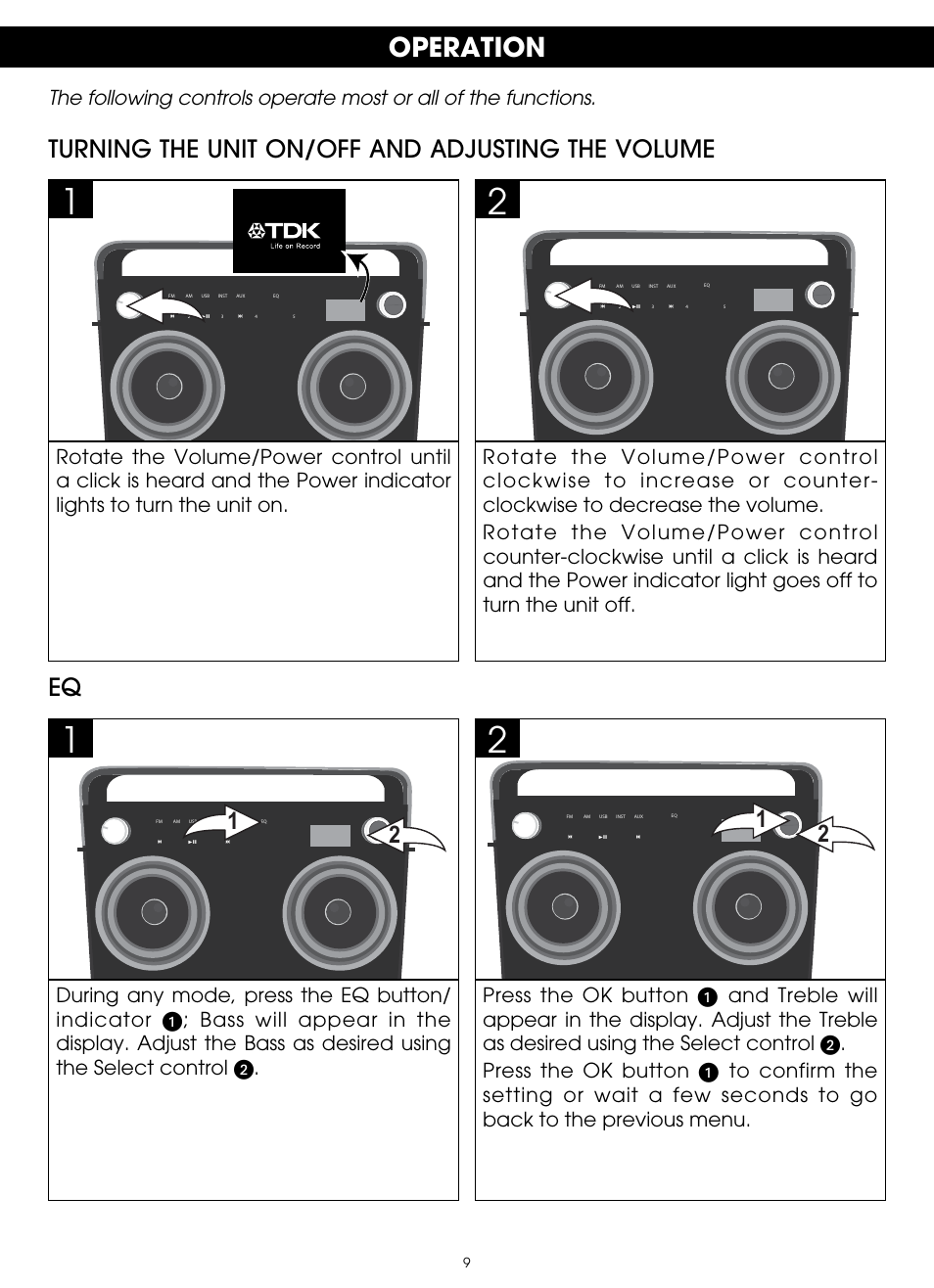 Operation, Turning the unit on/off and adjusting the volume | TDK TP6802 2-Speaker Boombox User Manual | Page 9 / 78