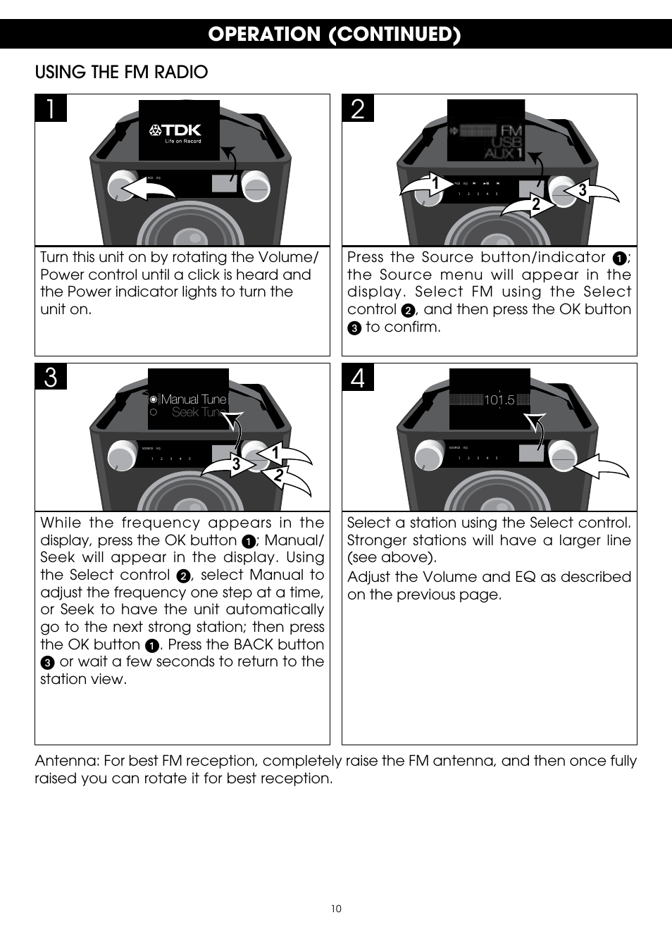 Operation (continued), Using the fm radio | TDK TP6701 Sound Cube User Manual | Page 10 / 73