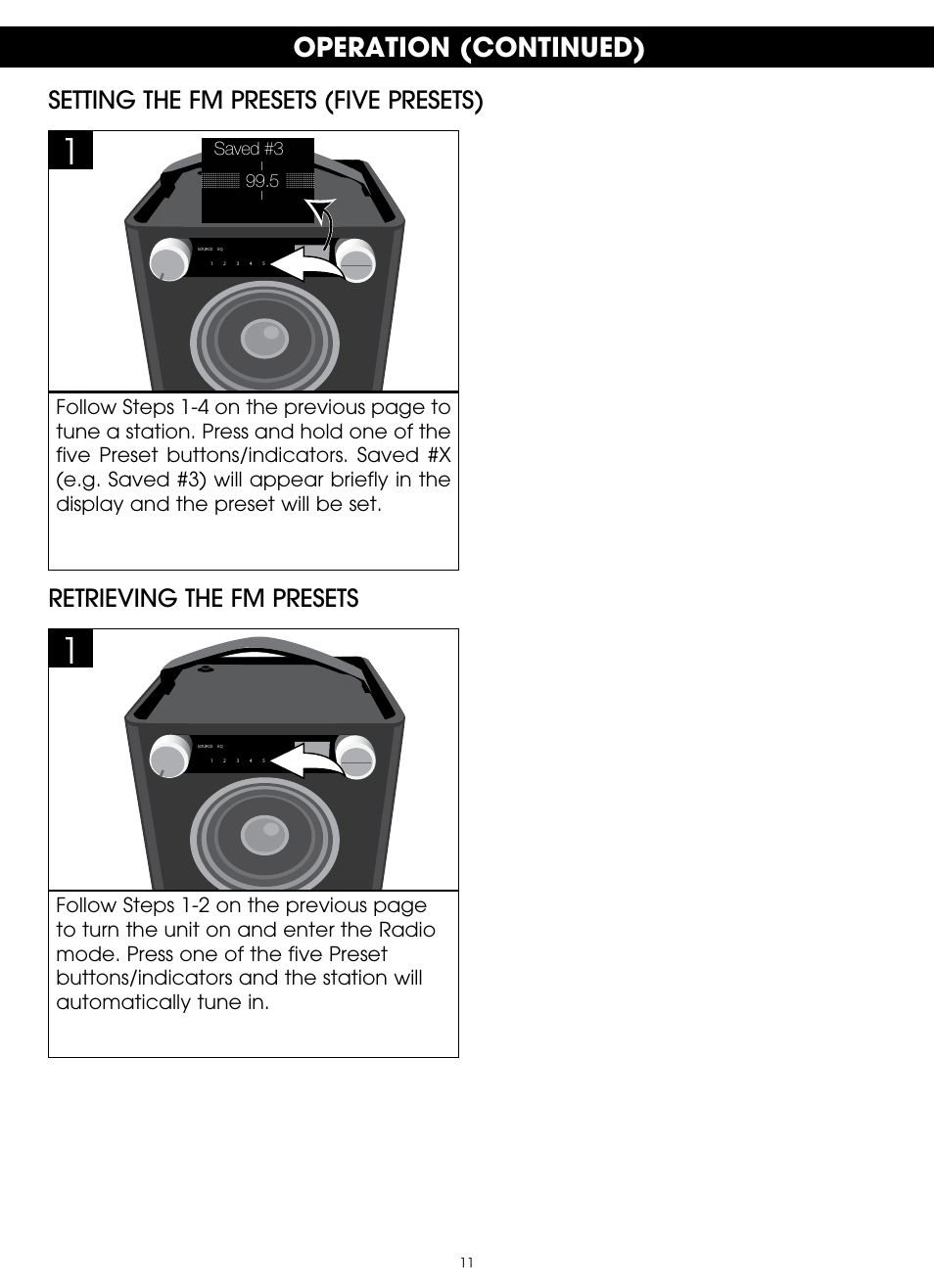 Operation (continued), Setting the fm presets (five presets), Retrieving the fm presets | TDK TP6701 Sound Cube User Manual | Page 11 / 73