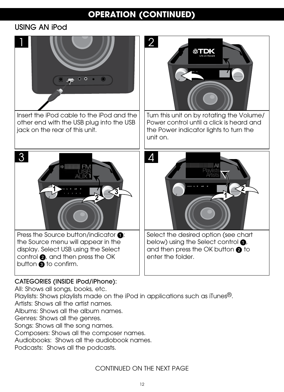 Operation (continued), Using an ipod | TDK TP6701 Sound Cube User Manual | Page 12 / 73