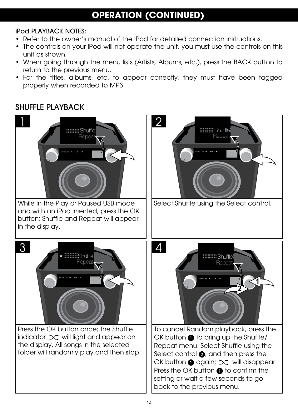 Operation (continued), Shuffle playback | TDK TP6701 Sound Cube User Manual | Page 14 / 73
