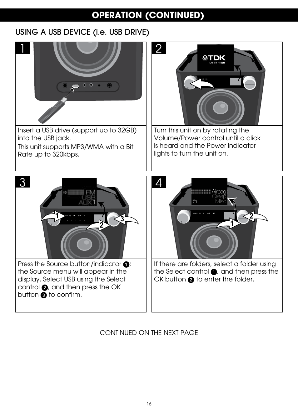 Operation (continued), Using a usb device (i.e. usb drive) | TDK TP6701 Sound Cube User Manual | Page 16 / 73
