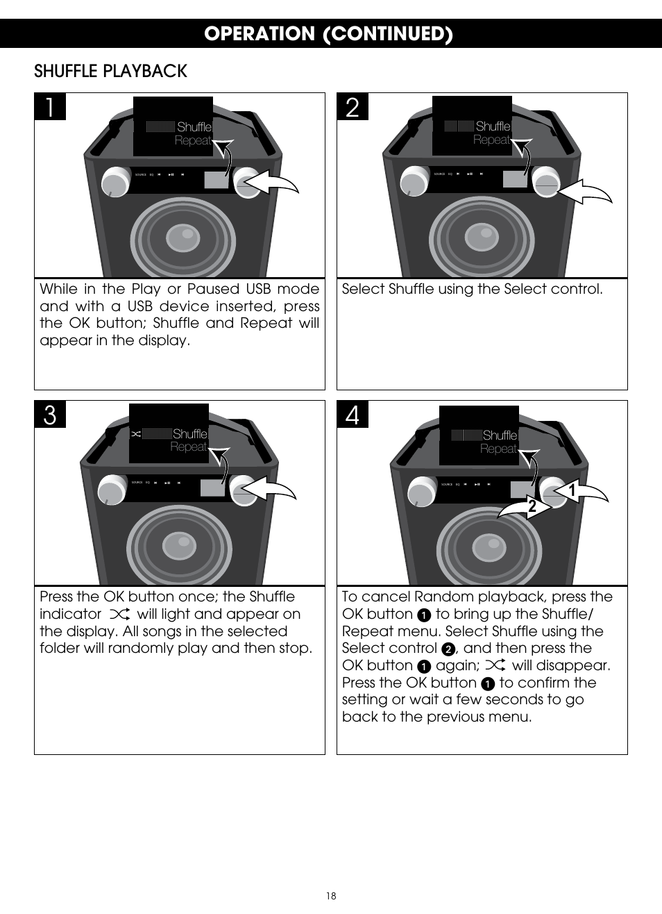 Operation (continued), Shuffle playback | TDK TP6701 Sound Cube User Manual | Page 18 / 73