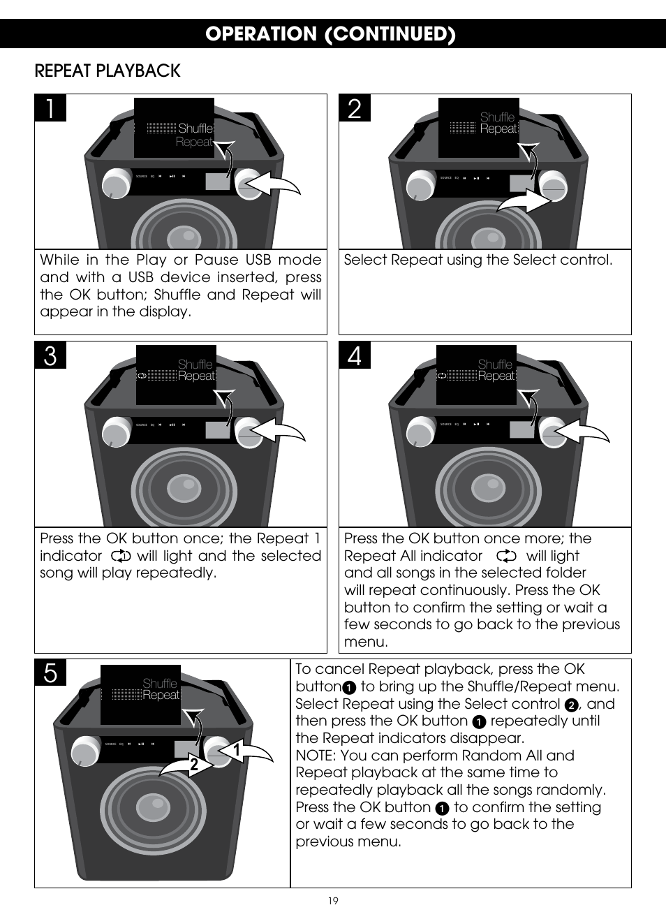 Operation (continued), Repeat playback | TDK TP6701 Sound Cube User Manual | Page 19 / 73