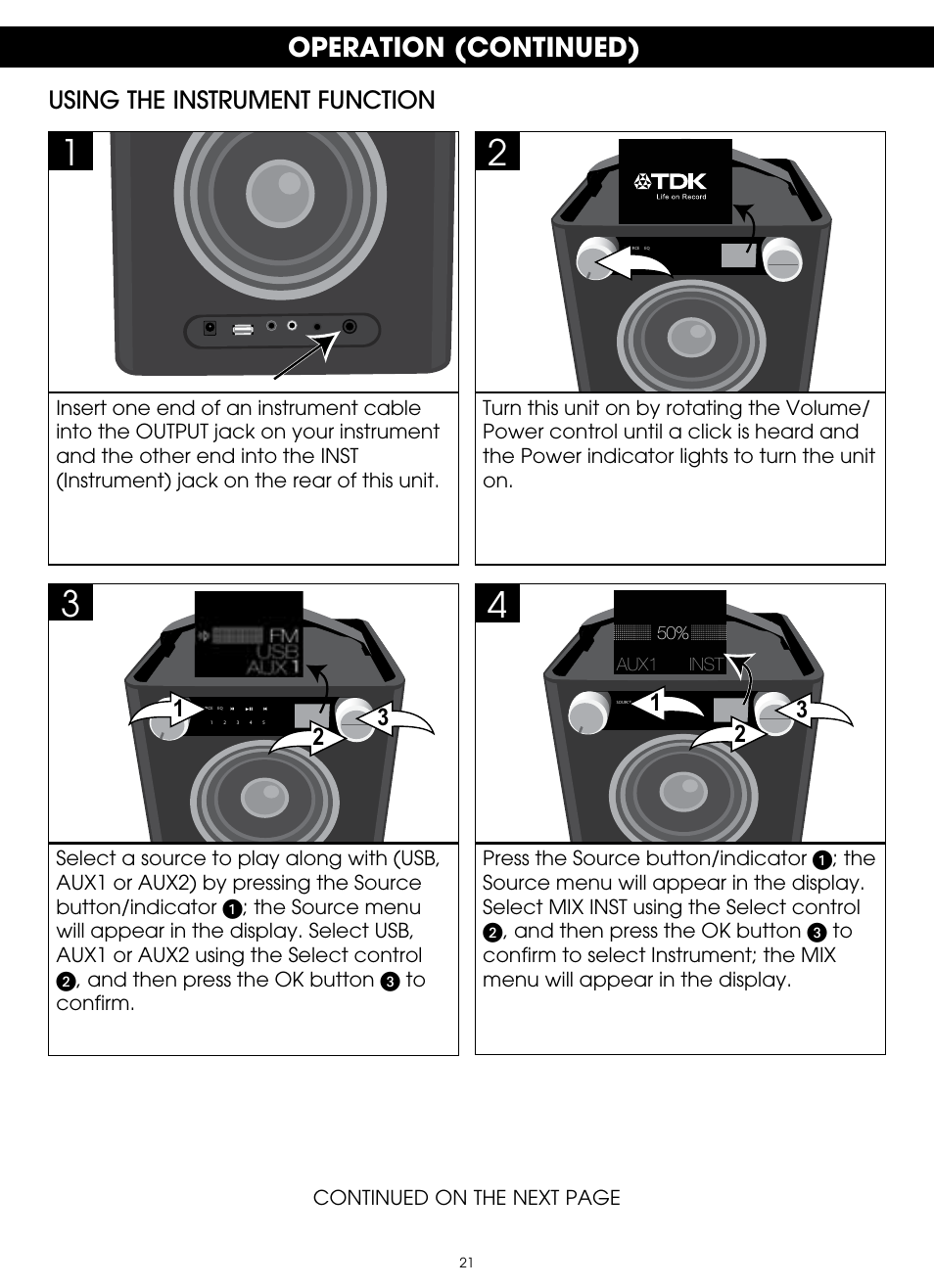 Operation (continued), Using the instrument function | TDK TP6701 Sound Cube User Manual | Page 21 / 73