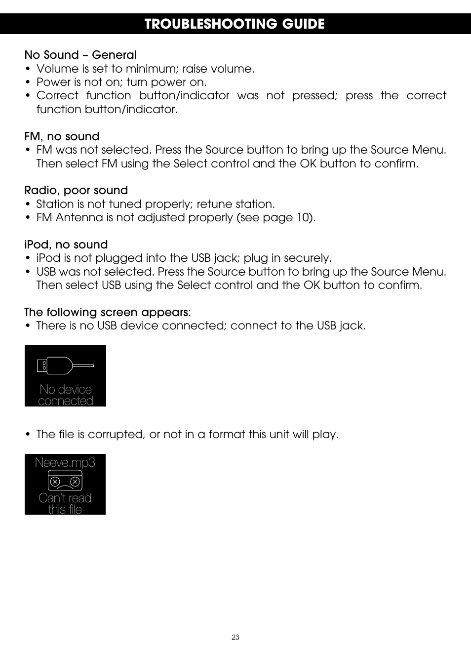 Troubleshooting guide | TDK TP6701 Sound Cube User Manual | Page 23 / 73