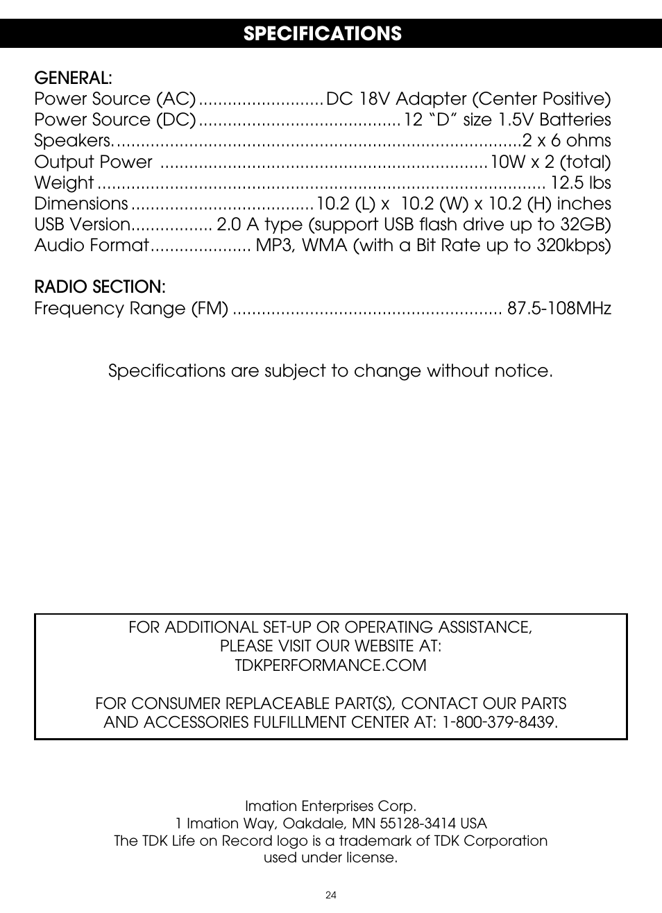 Specifications | TDK TP6701 Sound Cube User Manual | Page 24 / 73