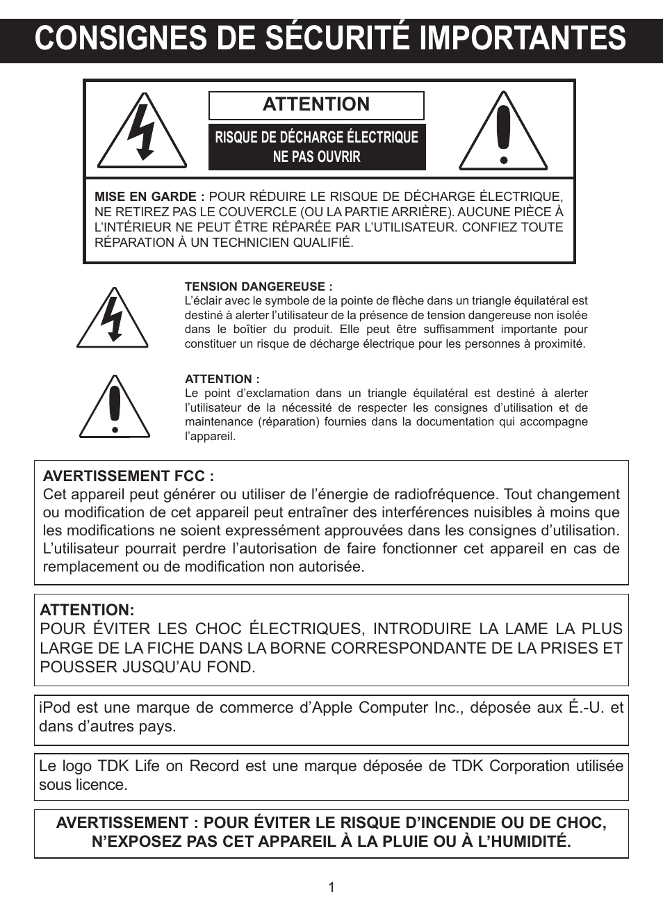 Tp6701blk-fra.9-24-10.pdf, Consignes de sécurité importantes, Attention | TDK TP6701 Sound Cube User Manual | Page 28 / 73