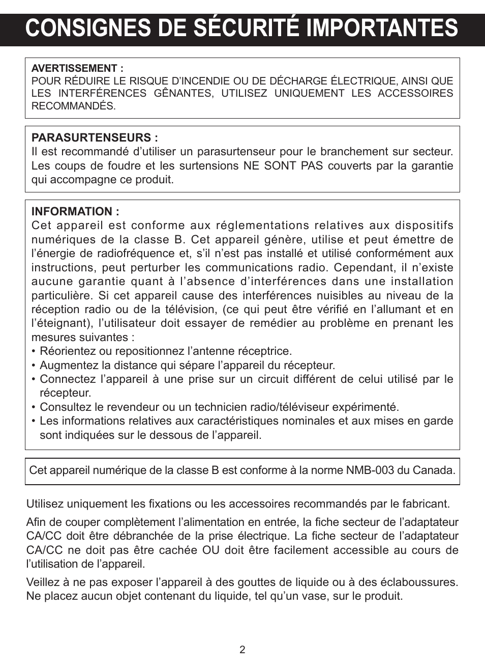 Consignes de sécurité importantes | TDK TP6701 Sound Cube User Manual | Page 29 / 73