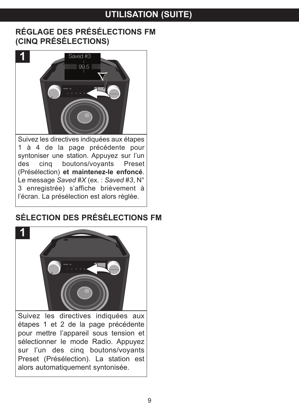 Utilisation (suite), Réglage des présélections fm (cinq présélections), Sélection des présélections fm | TDK TP6701 Sound Cube User Manual | Page 36 / 73