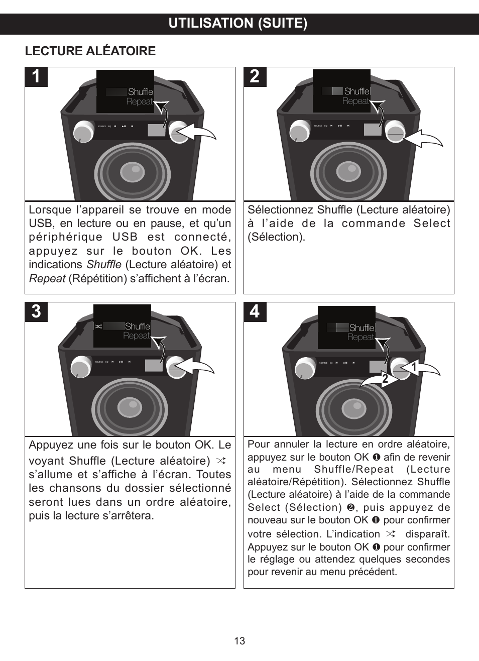 Utilisation (suite), Lecture aléatoire | TDK TP6701 Sound Cube User Manual | Page 40 / 73