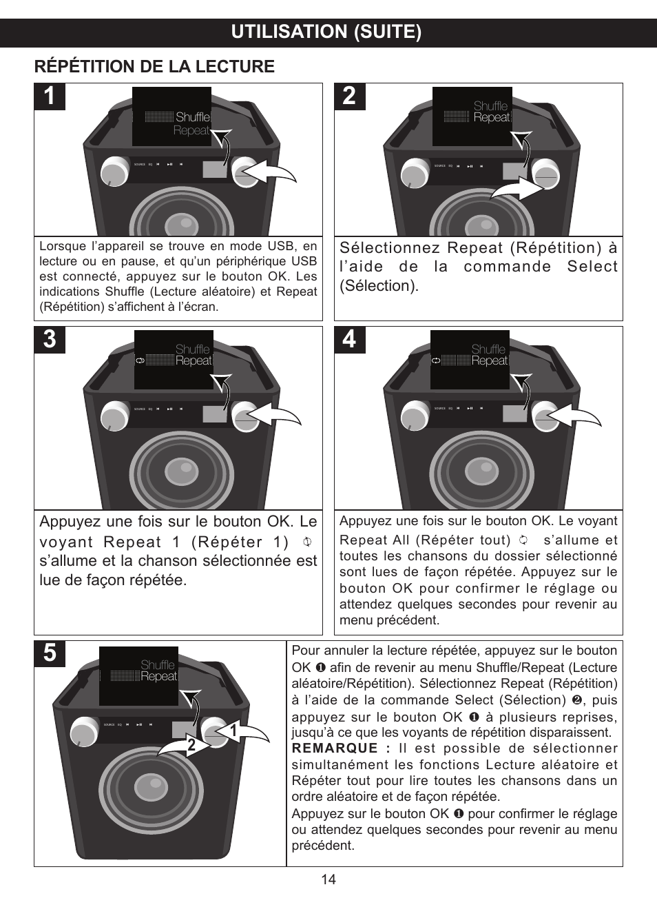 Utilisation (suite), Répétition de la lecture | TDK TP6701 Sound Cube User Manual | Page 41 / 73