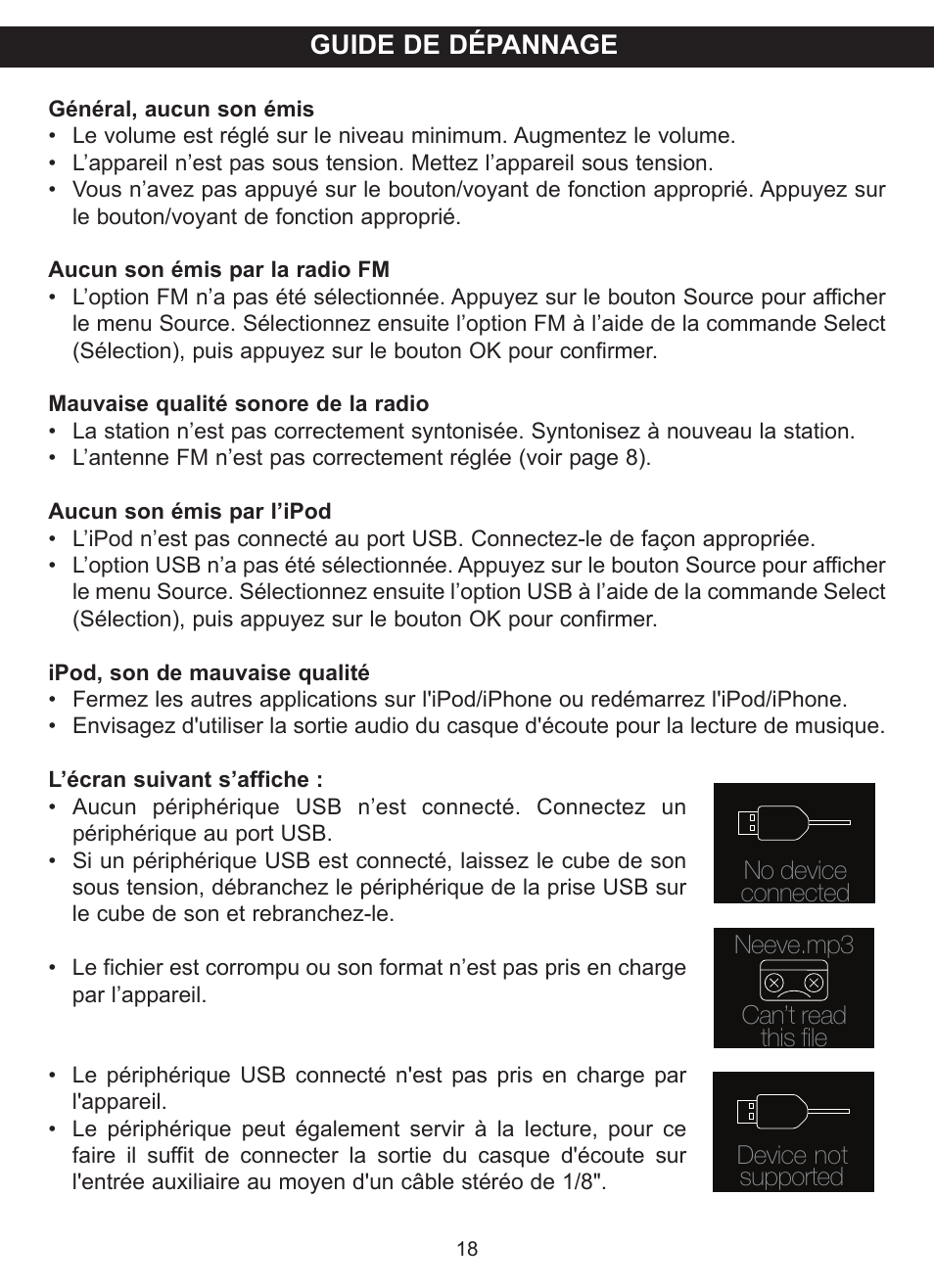 Guide de dépannage | TDK TP6701 Sound Cube User Manual | Page 45 / 73