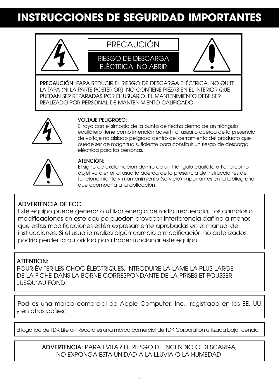 Instrucciones de seguridad importantes, Precaución | TDK TP6701 Sound Cube User Manual | Page 50 / 73