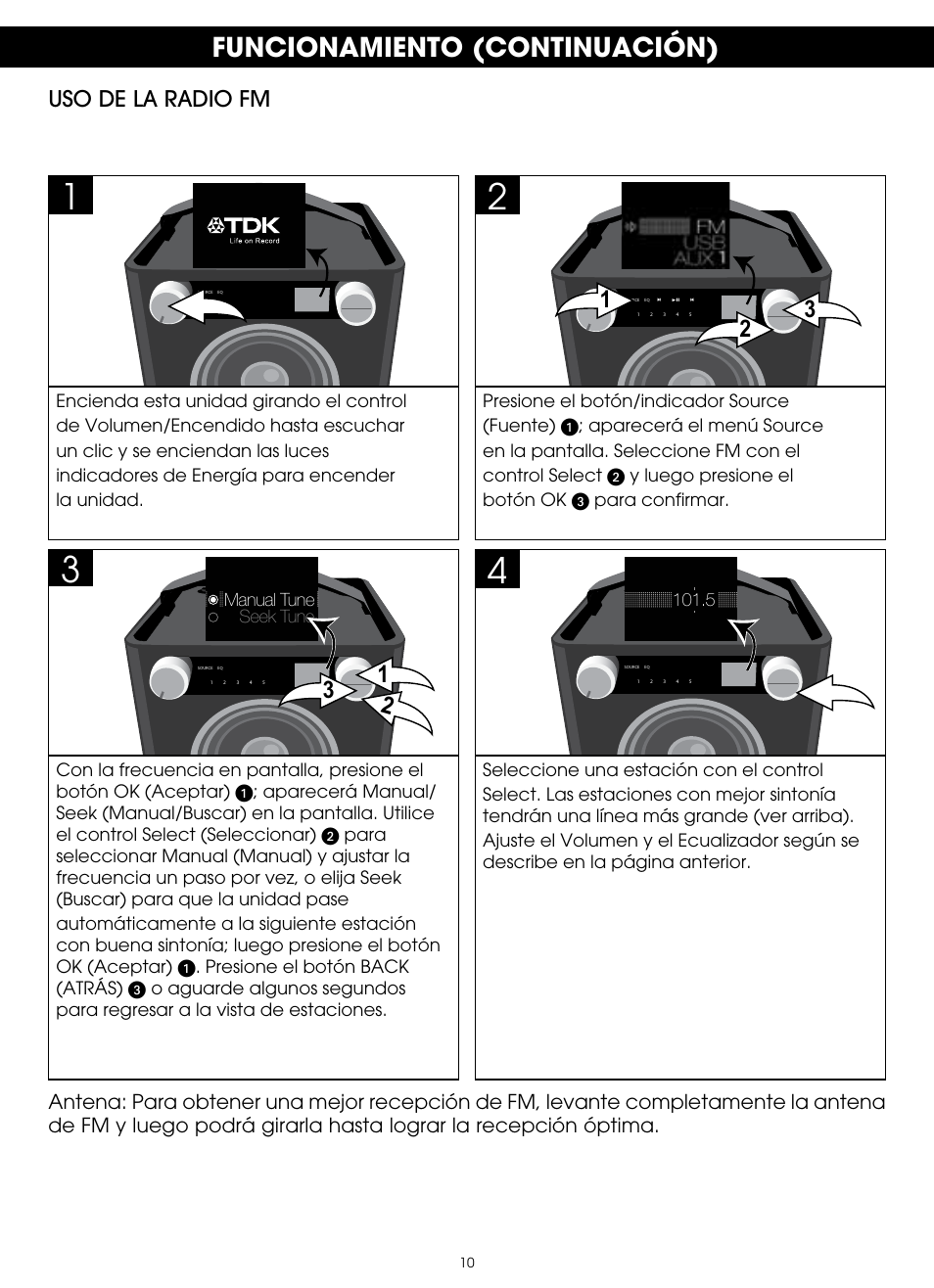 Funcionamiento (continuación), Uso de la radio fm | TDK TP6701 Sound Cube User Manual | Page 57 / 73