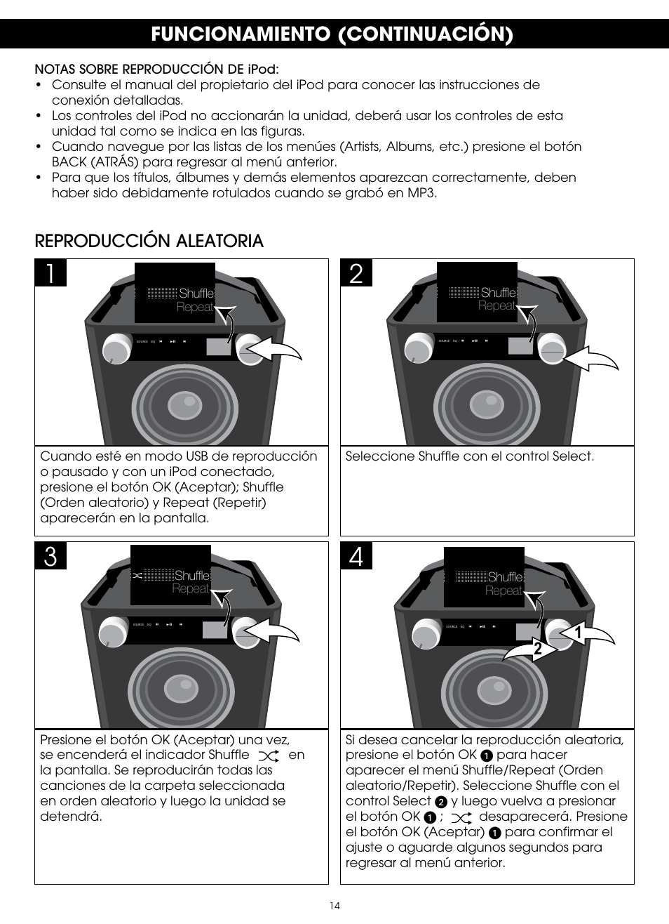 Funcionamiento (continuación), Reproducción aleatoria | TDK TP6701 Sound Cube User Manual | Page 61 / 73
