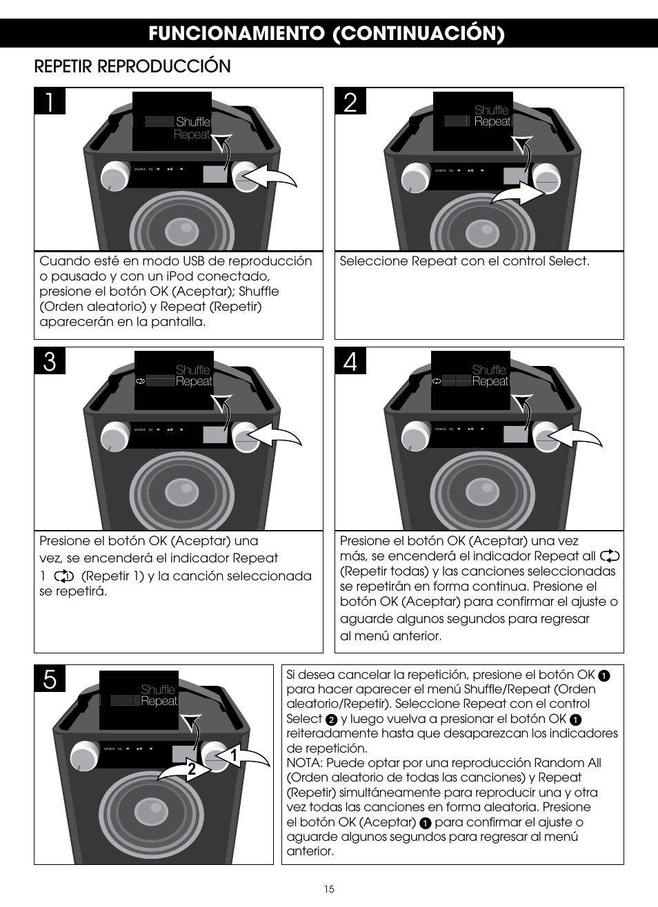 Funcionamiento (continuación), Repetir reproducción | TDK TP6701 Sound Cube User Manual | Page 62 / 73