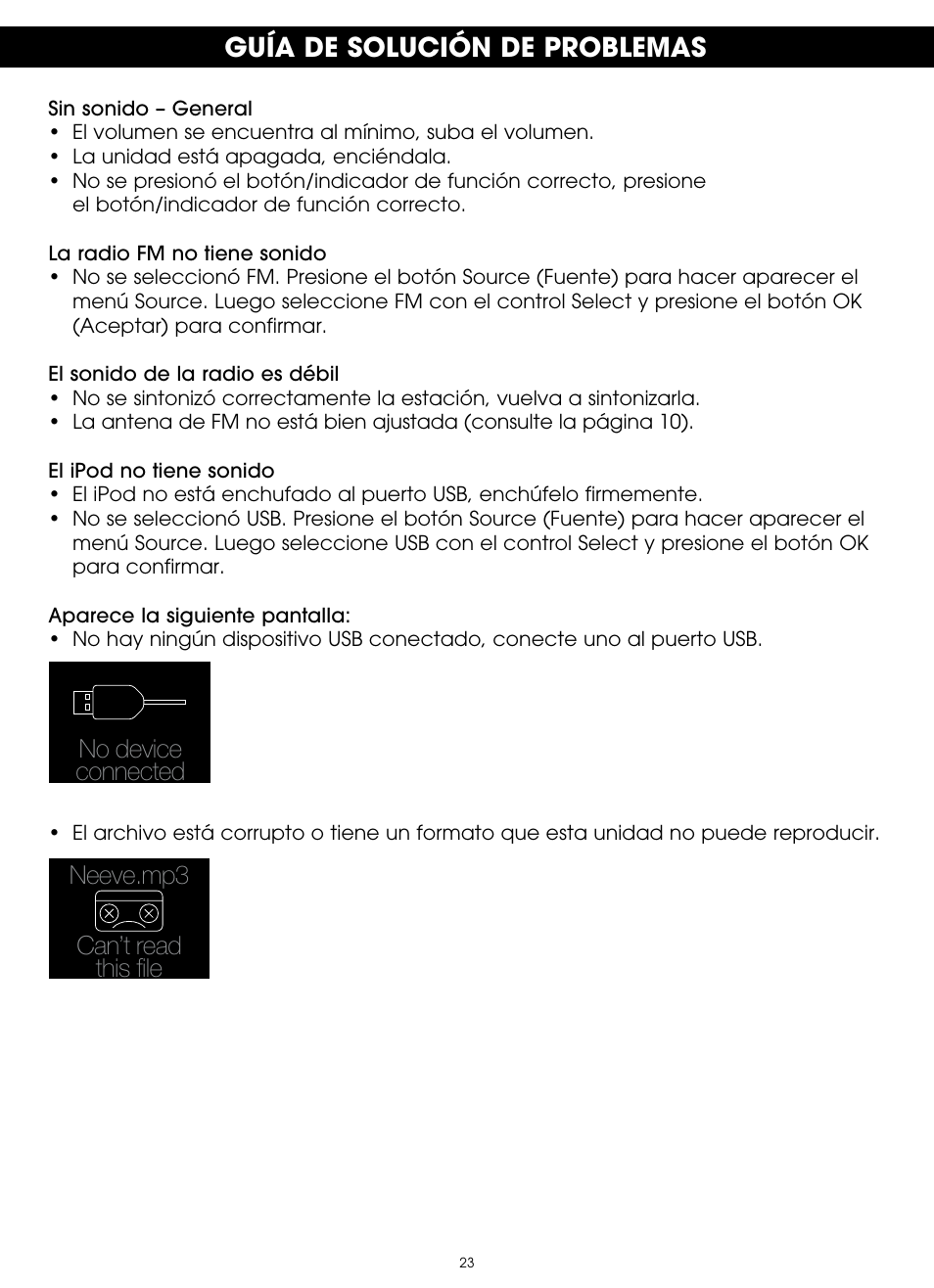 Guía de solución de problemas | TDK TP6701 Sound Cube User Manual | Page 70 / 73