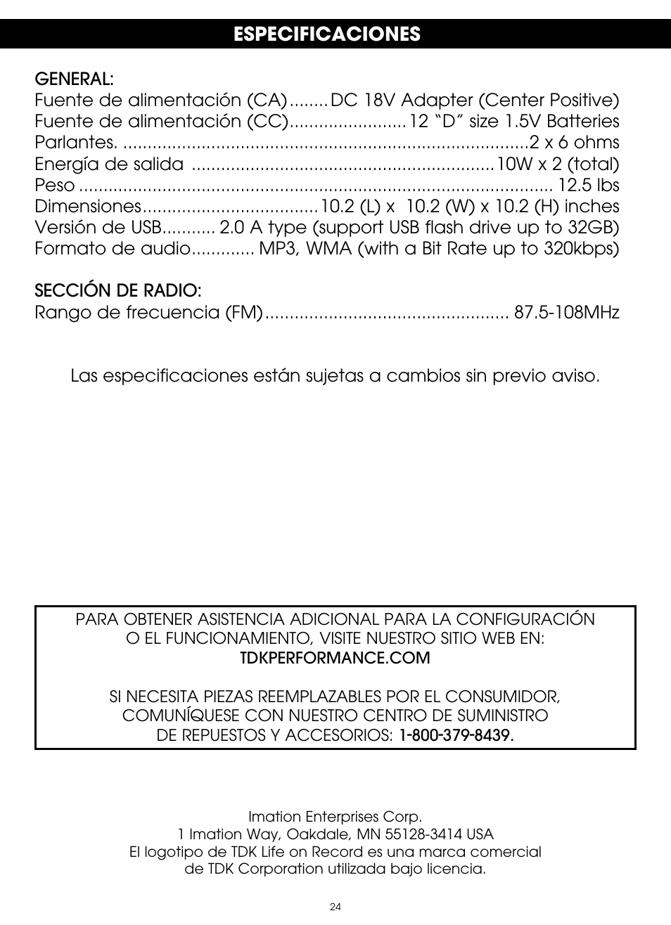 Especificaciones | TDK TP6701 Sound Cube User Manual | Page 71 / 73