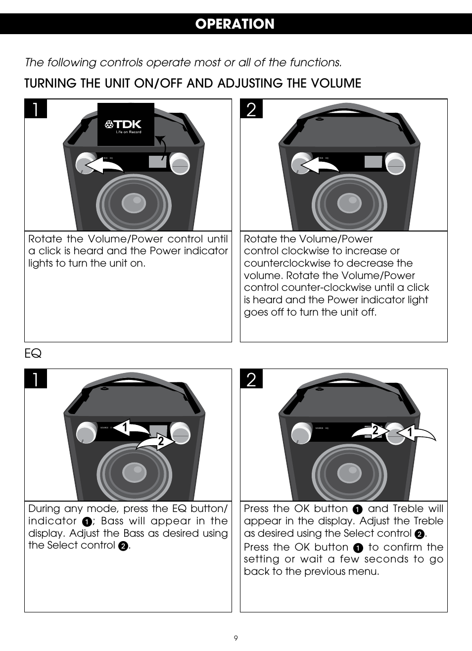 Operation, Turning the unit on/off and adjusting the volume | TDK TP6701 Sound Cube User Manual | Page 9 / 73