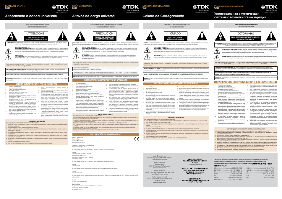 Altoparlante a carica universale, Altavoz de carga universal, Coluna de carregamento | Attenzione, Precaución, Cuiado, Осторожно, Manuale utente, Istruzioni importanti per la sicurezza, Guía de usuario | TDK TL621 Charging User Manual | Page 3 / 6