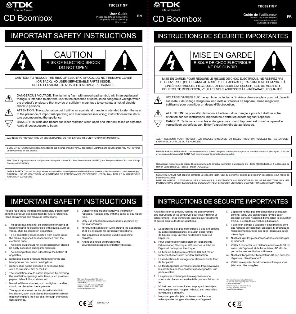 TDK TBC8211 CD Boombox User Manual | 10 pages