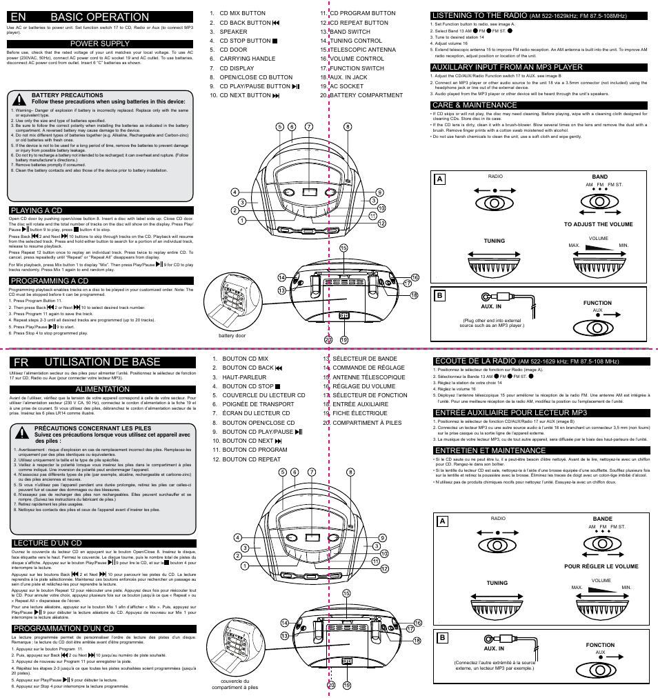 Basic operation, Utilisation de base | TDK TBC8211 CD Boombox User Manual | Page 2 / 10