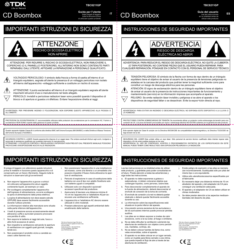 Attenzione, Advertencia, Cd boombox | Importanti istruzioni di sicurezza, Instrucciones de seguridad importantes, Rischio di scossa elettrica non aprire, Riesgo de descarga eléctrica no abrir | TDK TBC8211 CD Boombox User Manual | Page 5 / 10