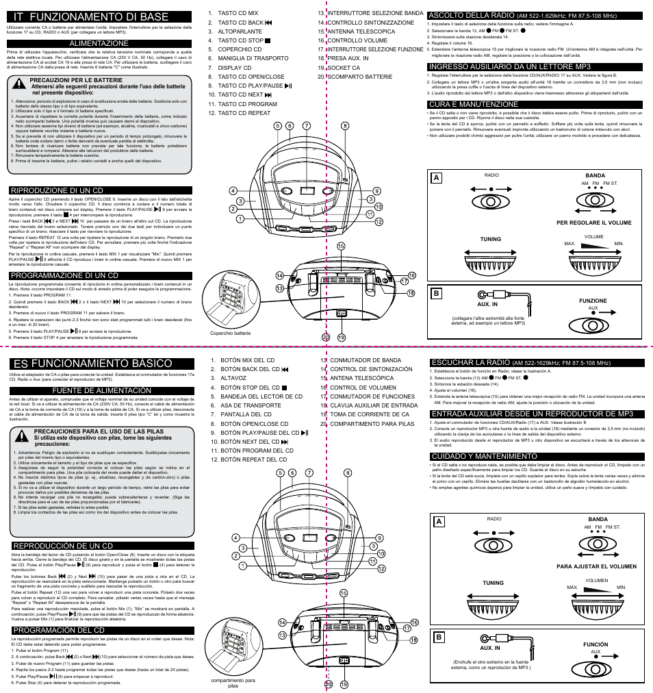 Funzionamento di base, Funcionamiento básico | TDK TBC8211 CD Boombox User Manual | Page 6 / 10