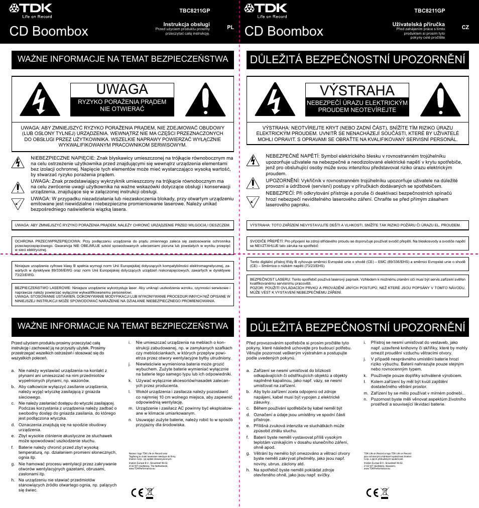 Výstraha, Uwaga, Cd boombox | Důležitá bezpečnostní upozornění, Ważne informacje na temat bezpieczeństwa | TDK TBC8211 CD Boombox User Manual | Page 9 / 10