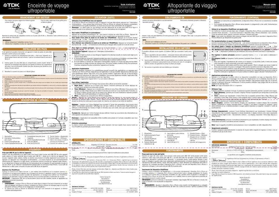 Enceinte de voyage ultraportable, Altoparlante da viaggio ultraportatile, Spécifications et compatibilité | Specifiche e compatibilità | TDK TAC3122 Ultra Portable User Manual | Page 2 / 6