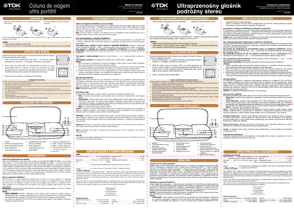 Coluna de viagem ultra portátil, Ultraprzenośny głośnik podróżny stereo, Especificações e compatibilidade | Specyfikacje i zgodność | TDK TAC3122 Ultra Portable User Manual | Page 4 / 6