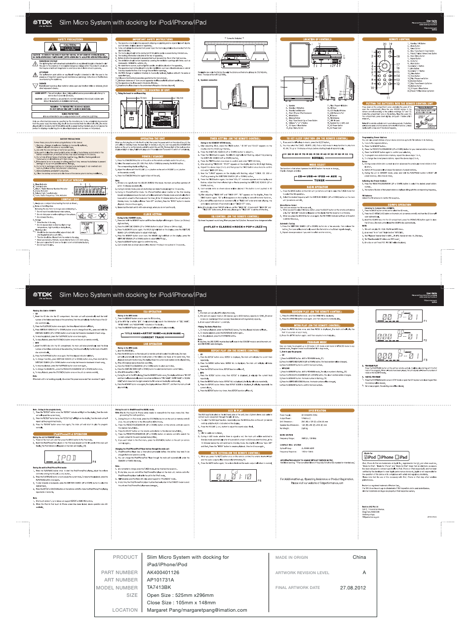 TDK TA7413 Slim Micro System User Manual | 1 page