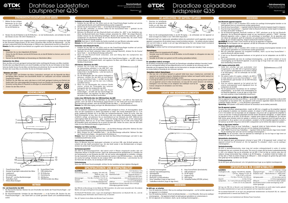 Drahtlose ladestation lautsprecher q35, Draadloze oplaadbare luidspreker q35, Spezifikationen und kompatibilität | Specificaties en compatibiliteit | TDK Q35 Wireless Charging User Manual | Page 2 / 8