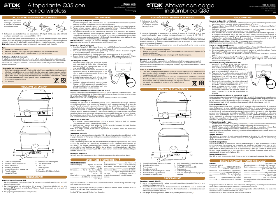 Altoparlante q35 con carica wireless, Altavoz con carga inalámbrica q35, Specifiche e compatibilità | Especificaciones y compatibilidad | TDK Q35 Wireless Charging User Manual | Page 3 / 8