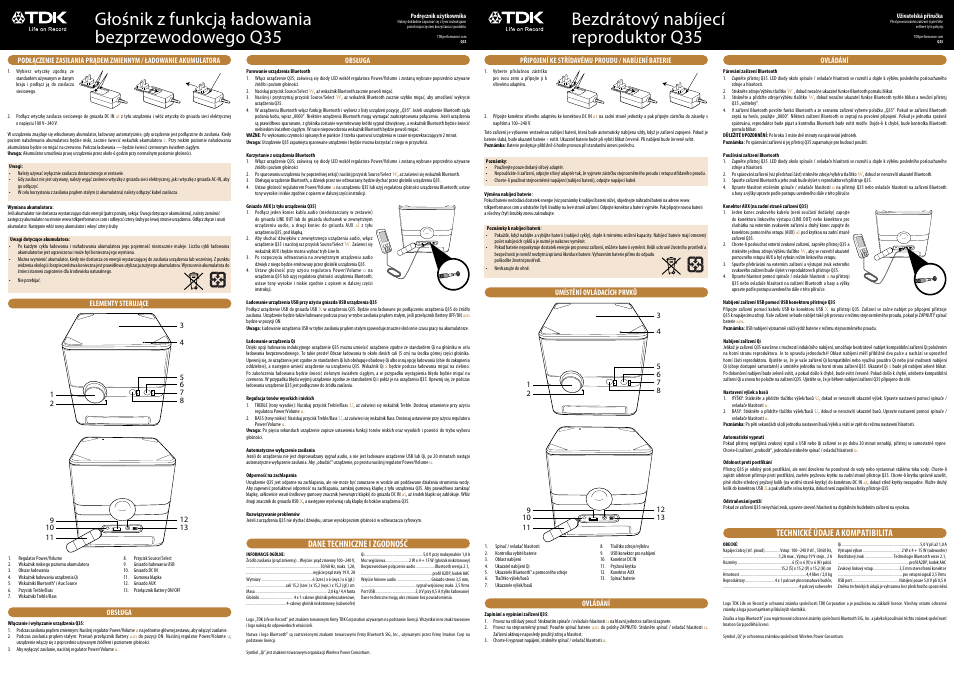 Głośnik z funkcją ładowania bezprzewodowego q35, Bezdrátový nabíjecí reproduktor q35, Dane techniczne i zgodność | Technické údaje a kompatibilita | TDK Q35 Wireless Charging User Manual | Page 5 / 8