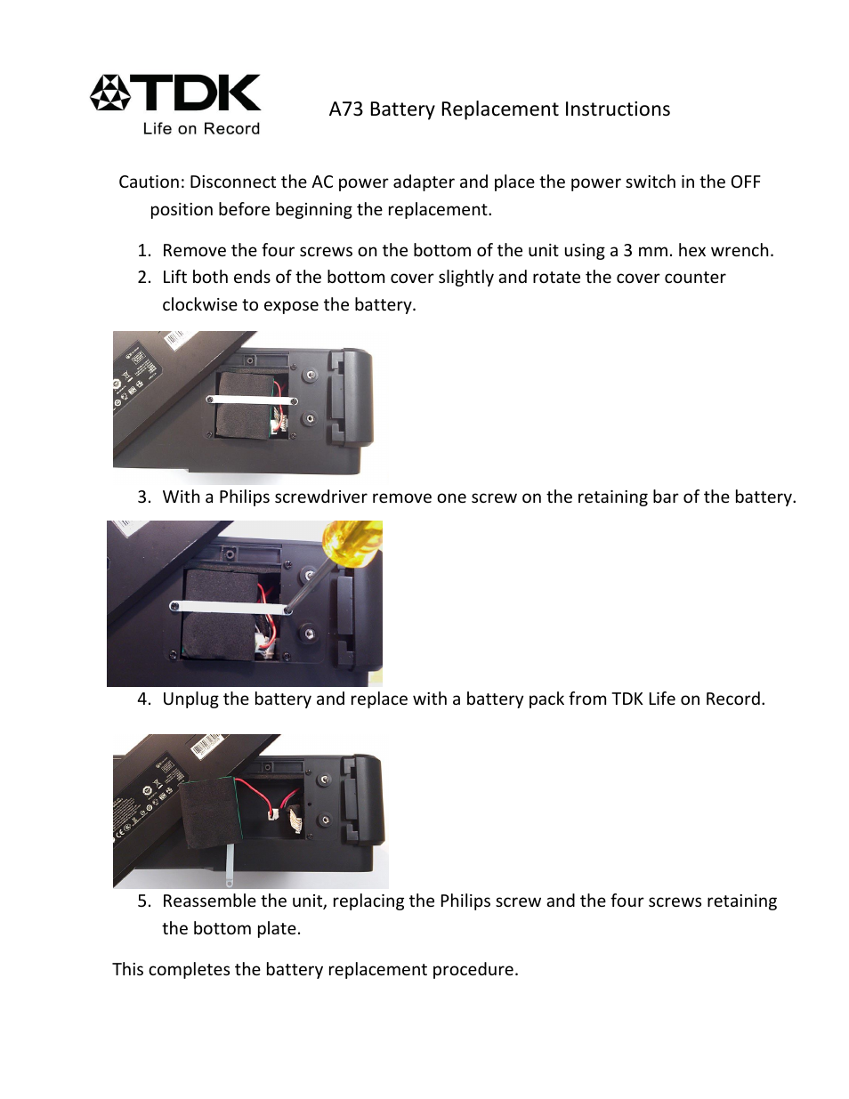 TDK A73 Wireless Boombox - Battery replacement instructions User Manual | 2 pages