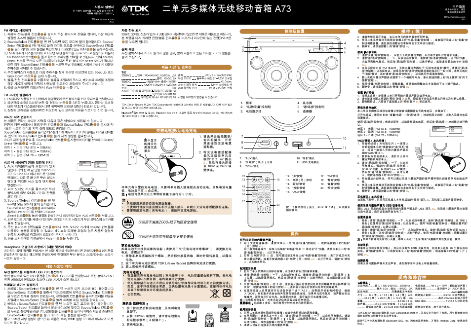 二单元多媒体无线移动音箱 a73, 操作（续, 规格和兼容性 | TDK A73 Wireless Boombox - User Manual User Manual | Page 10 / 11