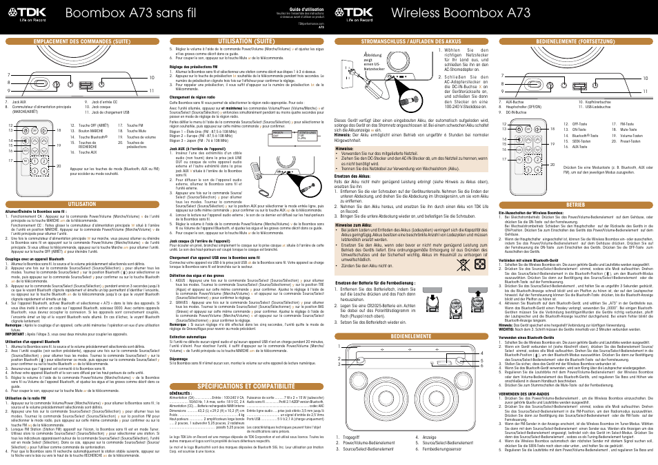 Boombox a73 sans fil, Wireless boombox a73, Utilisation (suite) | Spécifications et compatibilité | TDK A73 Wireless Boombox - User Manual User Manual | Page 2 / 11