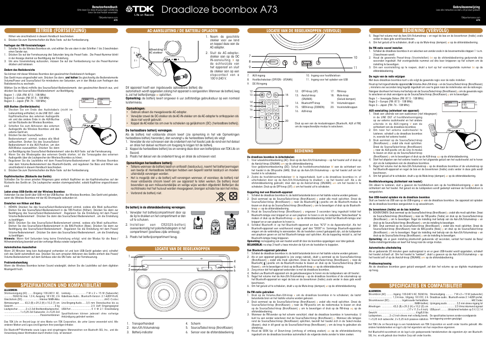 Draadloze boombox a73, Specificaties en compatibiliteit, Bediening (vervolg) | TDK A73 Wireless Boombox - User Manual User Manual | Page 3 / 11