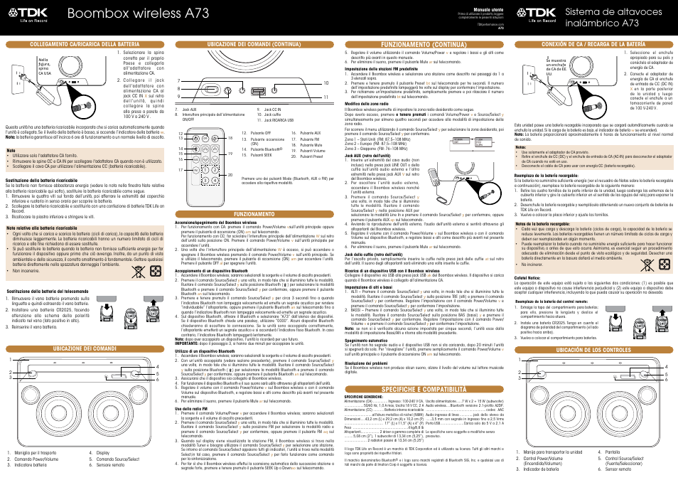 Boombox wireless a73, Sistema de altavoces inalámbrico a73, Specifiche e compatibilità | Funzionamento (continua) | TDK A73 Wireless Boombox - User Manual User Manual | Page 4 / 11